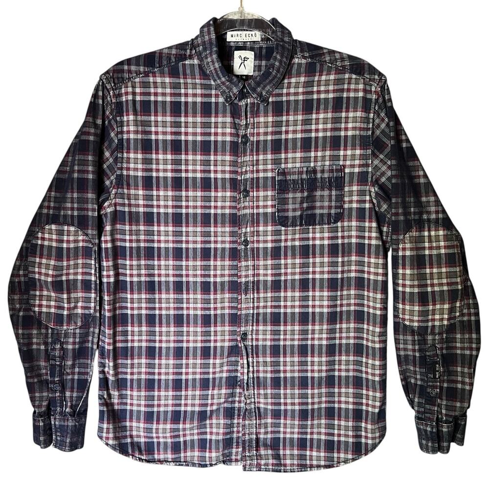 Marc Ecko Cut & Sew Mens Shirt Plaid Button Size M Corduroy Patch Streetwear